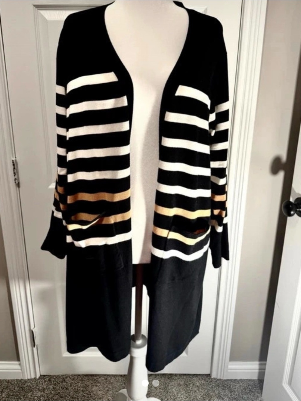 Belldini Black and White Striped Open-Front Cardigan with Gold Accent